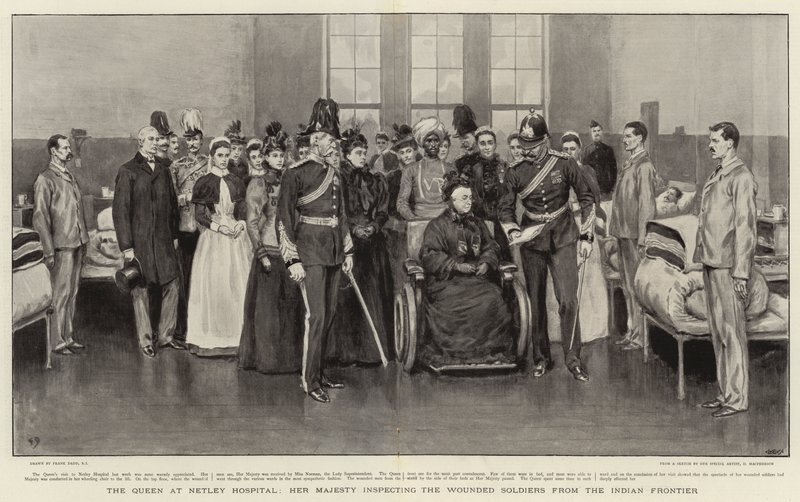 Die Königin im Netley Hospital, Ihre Majestät inspiziert die verwundeten Soldaten von der indischen Grenze von Frank Dadd