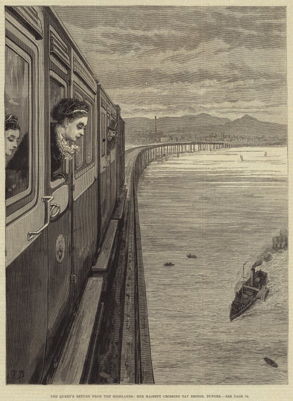 Die Rückkehr der Königin aus den Highlands, Ihre Majestät überquert die Tay-Brücke, Dundee von Frank Dadd