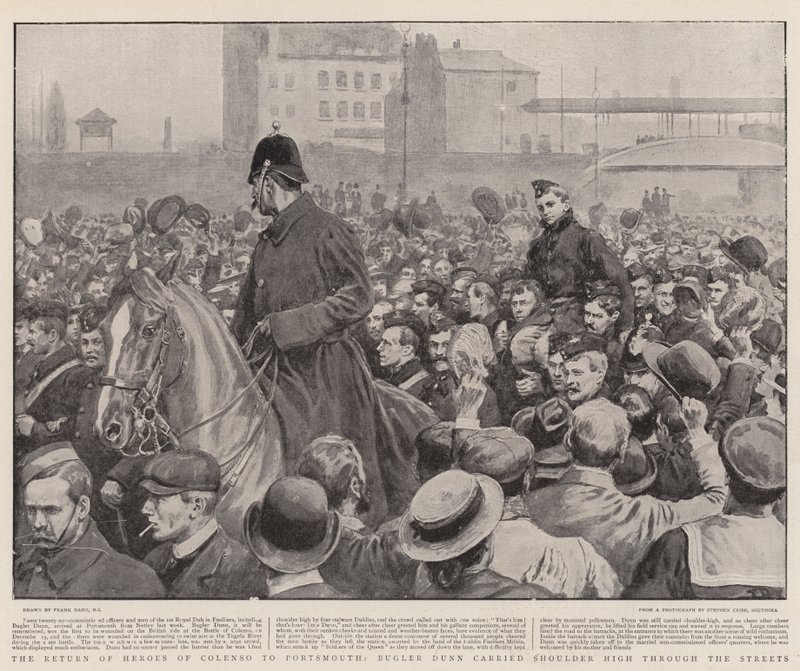 Die Rückkehr der Helden von Colenso nach Portsmouth, Trompeter Dunn wird auf den Schultern durch die Straßen getragen von Frank Dadd