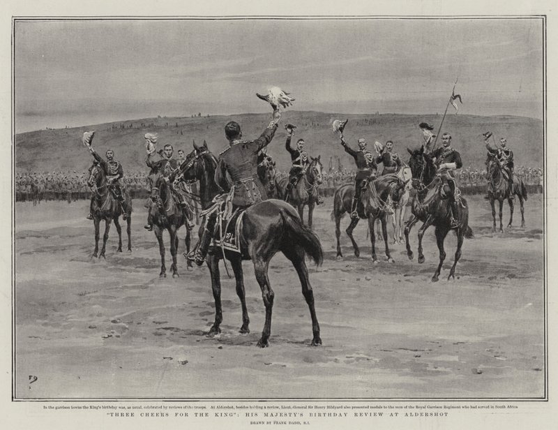Dreifaches Hoch auf den König, die Geburtstagsparade Seiner Majestät in Aldershot von Frank Dadd