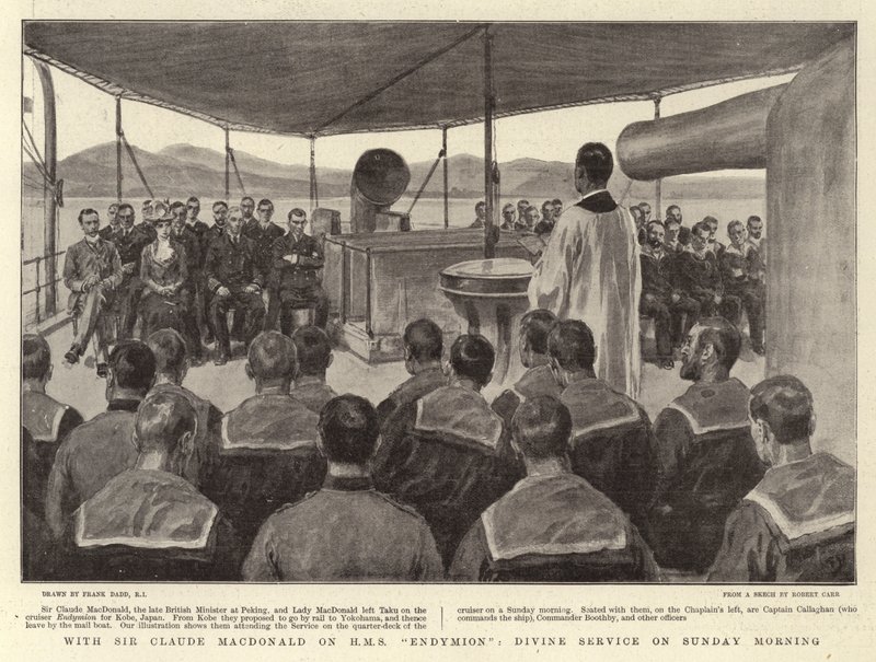 Mit Sir Claude MacDonald auf H.M.S. Endymion, Gottesdienst am Sonntagmorgen von Frank Dadd