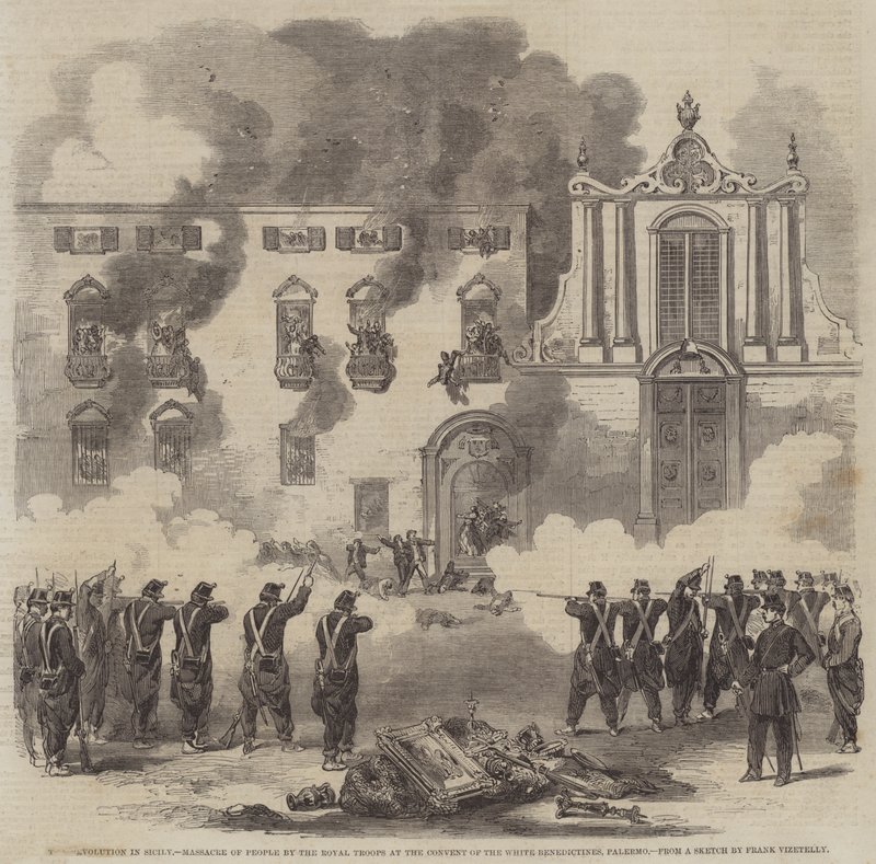 Die Revolution in Sizilien, Massaker an Menschen durch die königlichen Truppen im Kloster der Weißen Benediktiner, Palermo von Frank Vizetelly