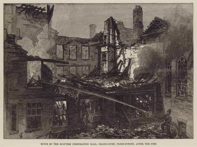 Ruinen der Scottish Corporation Hall, Crane-Court, Fleet-Street, nach dem Brand von Frank Watkins