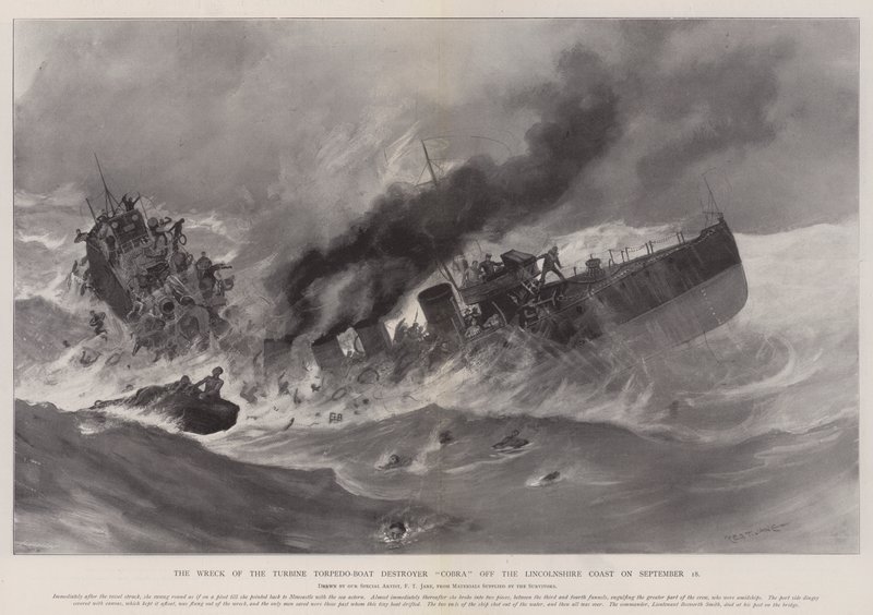 Das Wrack des Turbinen-Torpedoboot-Zerstörers Cobra vor der Küste von Lincolnshire am 18. September von Fred T. Jane