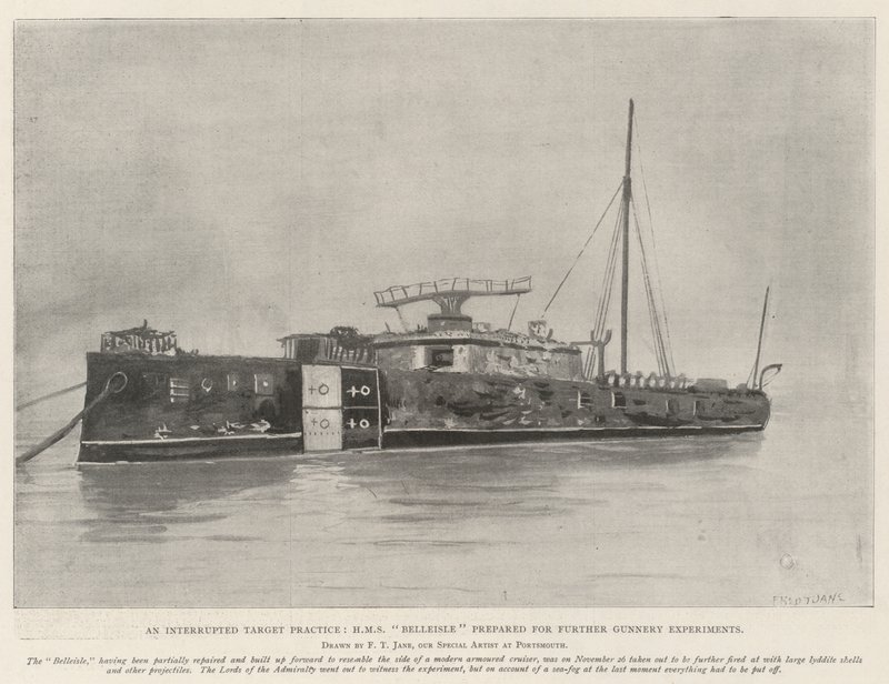 Eine unterbrochene Zielübung, HMS Belleisle für weitere Artillerieversuche vorbereitet von Fred T. Jane