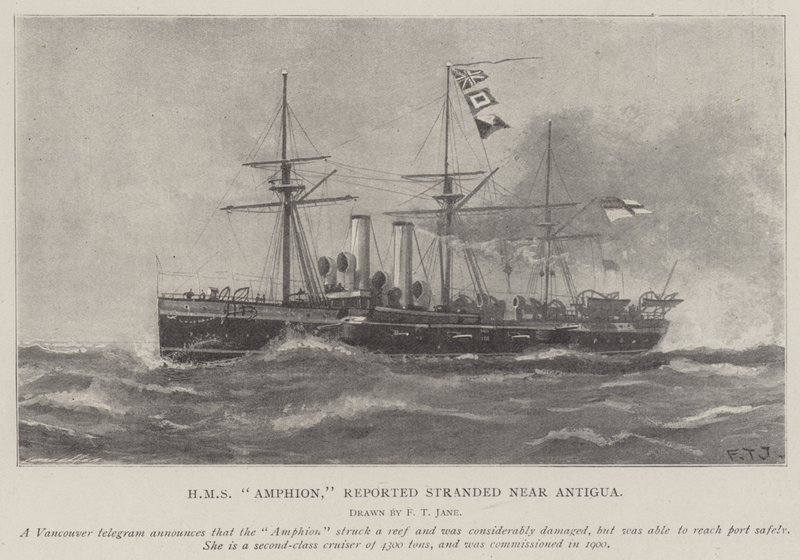 HMS Amphion, angeblich gestrandet in der Nähe von Antigua von Fred T. Jane