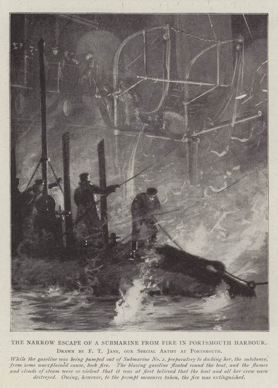 Die knappe Flucht eines U-Boots vor einem Feuer im Hafen von Portsmouth von Fred T. Jane