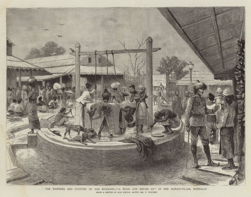 Die Sitten und Gebräuche der Burmesen, Eine Wäsche und Bürste auf dem Marktplatz, Mandalay von Frederic Villiers
