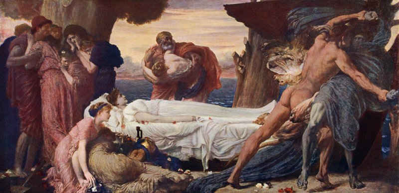 Herkules ringt mit dem Tod um den Körper von Alkestis (Farblithografie) von Frederic (after) Leighton