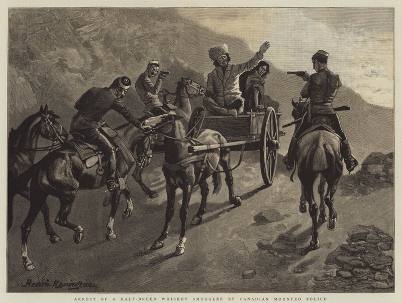 Verhaftung eines Halbblut-Whiskey-Schmugglers durch die kanadische berittene Polizei von Frederic Remington