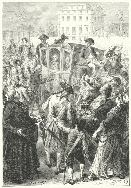 Ludwig XVI. wird nach dem Angriff des Mobs auf den Palast von Versailles nach Paris gebracht von Frederic Theodore (after) Lix