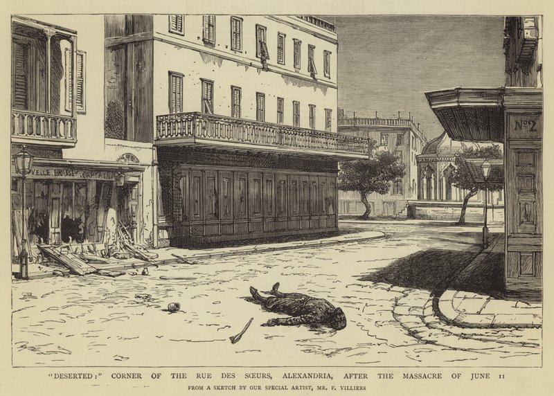 Verlassen, Ecke der Rue des Soeurs, Alexandria, nach dem Massaker vom 11. Juni von Frederic Villiers