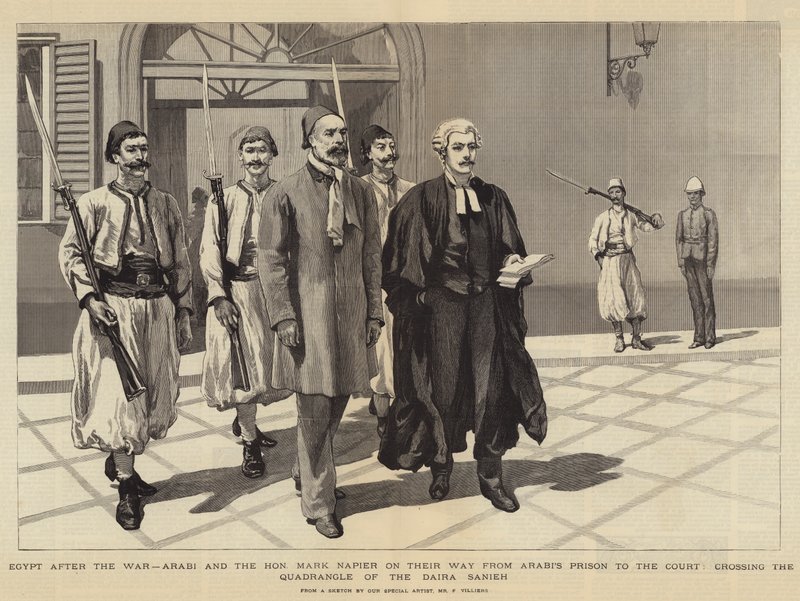 Ägypten nach dem Krieg, Arabi und der ehrenwerte Mark Napier auf dem Weg vom Gefängnis Arabi zum Gericht, überqueren den Innenhof der Daira Sanieh von Frederic Villiers