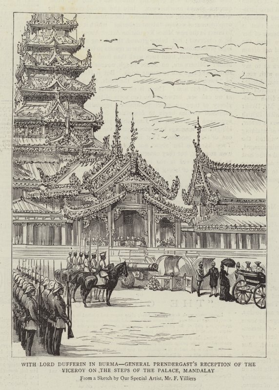 Mit Lord Dufferin in Burma, General Prendergasts Empfang des Vizekönigs auf den Stufen des Palastes, Mandalay von Frederic Villiers