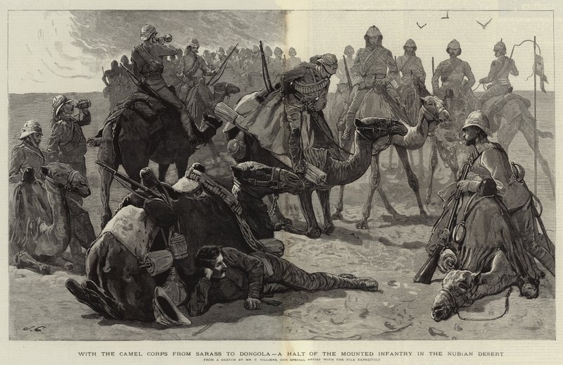Mit dem Kamelkorps von Sarass nach Dongola, eine Rast der berittenen Infanterie in der nubischen Wüste von Frederic Villiers