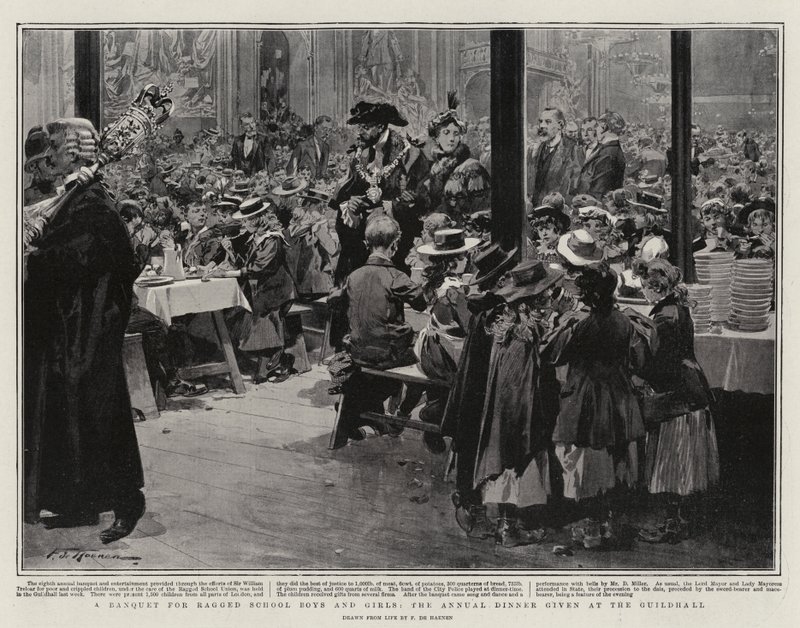 Ein Festmahl für arme Schuljungen und -mädchen, das jährliche Abendessen im Guildhall von Frederic de Haenen
