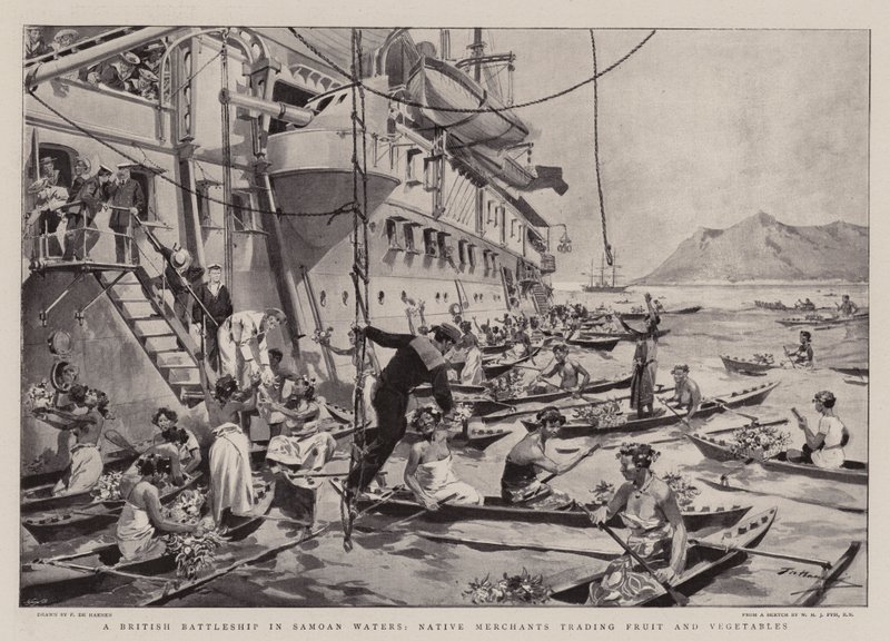 Ein britisches Schlachtschiff in samoanischen Gewässern, einheimische Händler tauschen Obst und Gemüse von Frederic de Haenen