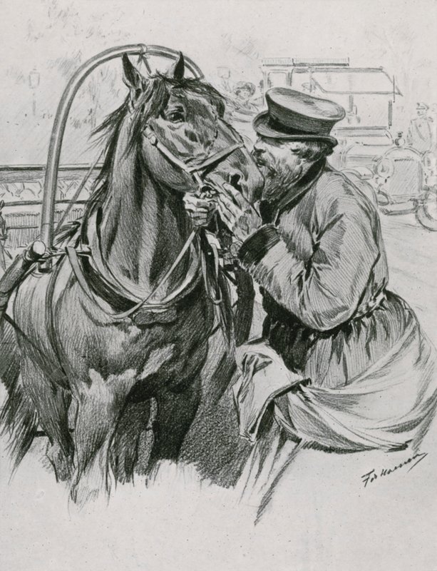 Ein Droschkenfahrer küsst sein Pferd Guten Morgen von Frederic de Haenen
