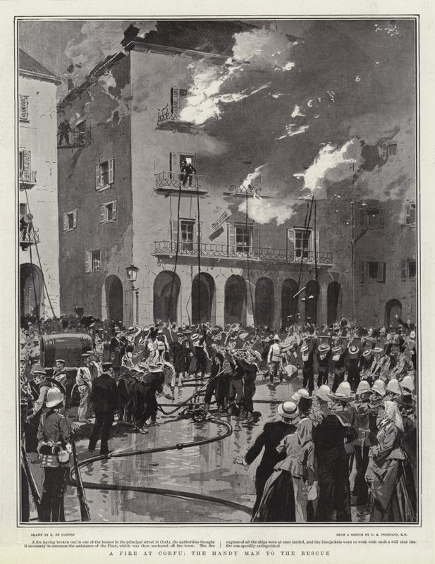 Ein Feuer in Korfu, der Handwerker zur Rettung von Frederic de Haenen