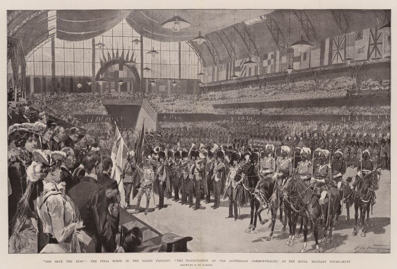 Gott schütze den König, die letzte Szene im großen Festzug, die Einweihung des australischen Commonwealth, beim Royal Military Tournament von Frederic de Haenen