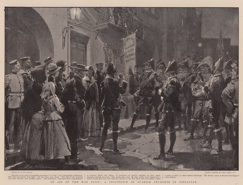 Zur Unterstützung des Kriegsfonds, eine Prozession spanischer Studenten in Gibraltar von Frederic de Haenen