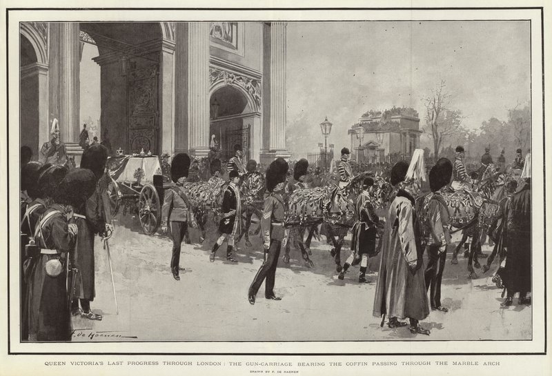 Königin Victorias letzter Weg durch London, der Sarg auf der Lafette passiert den Marble Arch von Frederic de Haenen