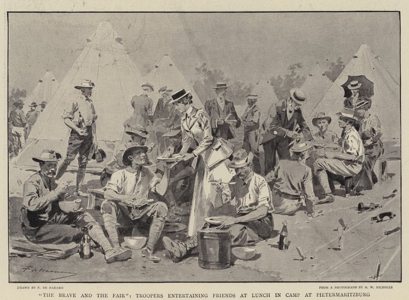 Die Tapferen und die Schönen, Soldaten unterhalten Freunde beim Mittagessen im Lager in Pietermaritzburg von Frederic de Haenen