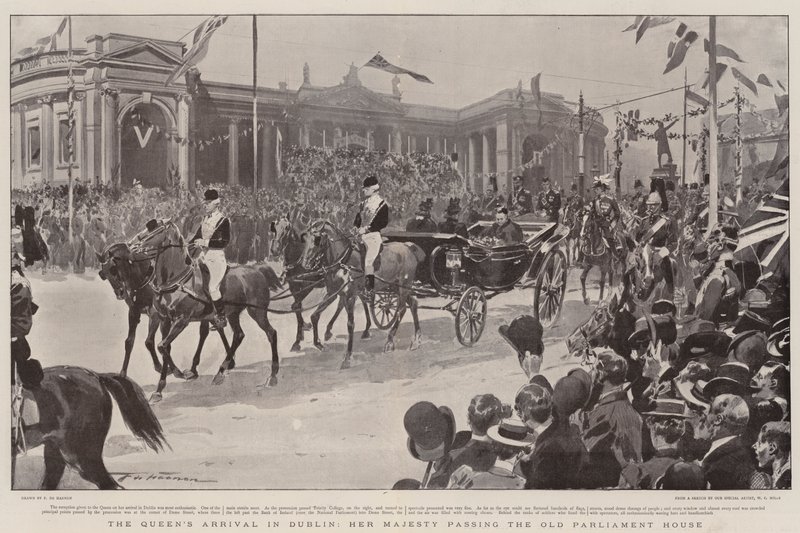 Die Ankunft der Königin in Dublin, Ihre Majestät passiert das alte Parlamentsgebäude von Frederic de Haenen