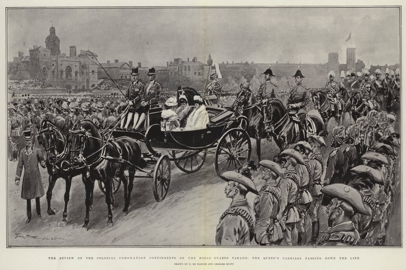 Die Überprüfung der kolonialen Krönungskontingente auf der Horse Guards Parade, die Kutsche der Königin fährt die Linie entlang von Frederic de Haenen
