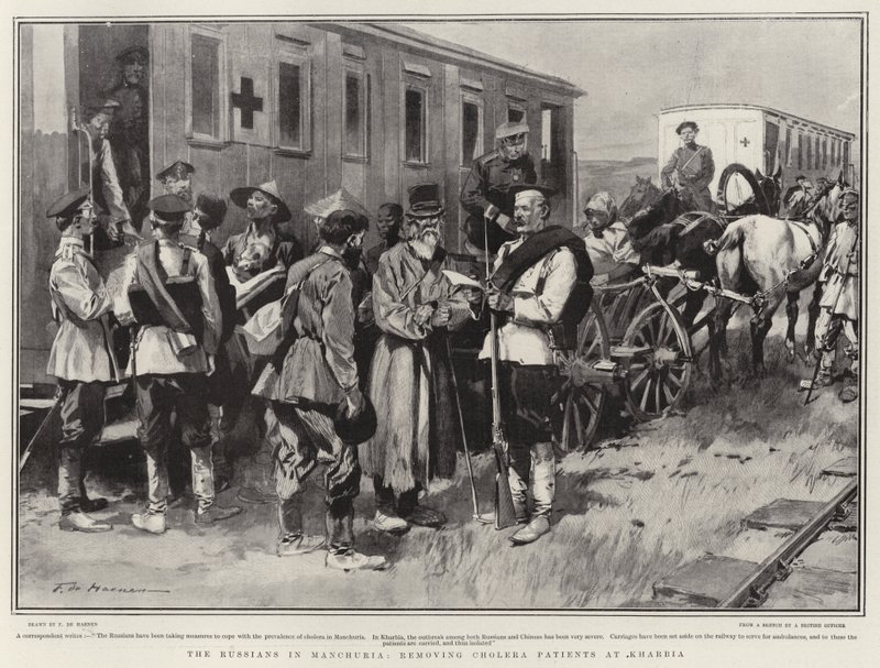 Die Russen in der Mandschurei, Entfernung von Cholerapatienten in Kharbia von Frederic de Haenen