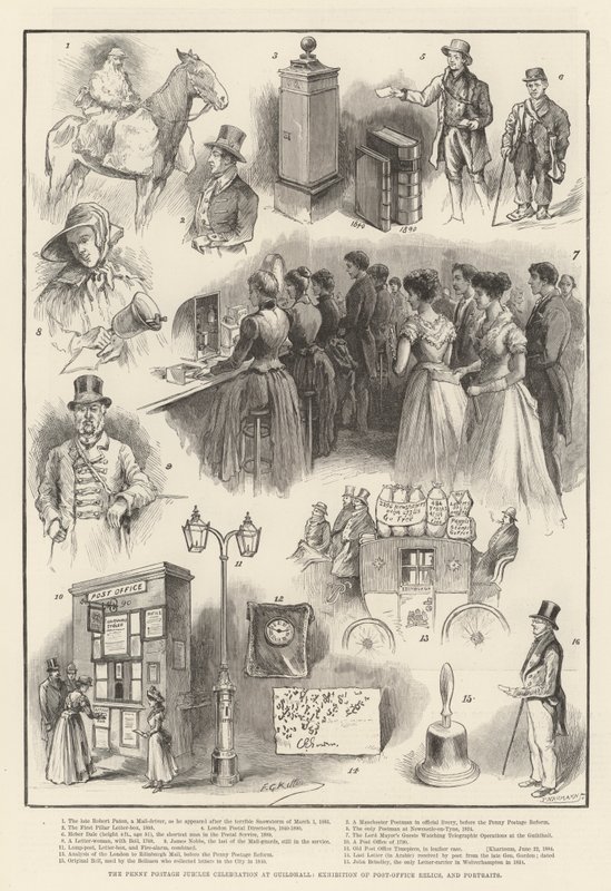 Das Jubiläum der Penny-Post-Feier in der Guildhall, Ausstellung von Postamtsrelikten und Porträts von Frederick George Kitton