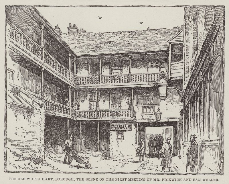 Das alte Weiße Hart, Borough, der Schauplatz des ersten Treffens von Mr. Pickwick und Sam Weller von Frederick George Kitton