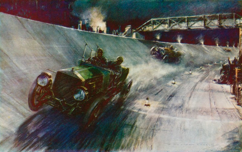 1907 gelang es S. F. Edge, der den Napier allein fuhr, 24 Stunden lang 60 mph zu halten, der erste Rekord auf der neuen Brooklands-Strecke von Frederick Gordon (after) Crosby