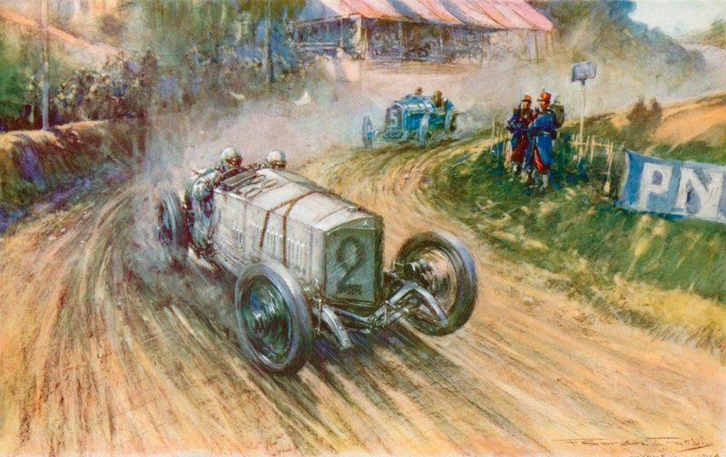Lautenschlager mit dem deutschen Mercedes und Boillot mit dem französischen Peugeot in ihrem großen Kampf während des Grand Prix 1914 von Frederick Gordon (after) Crosby