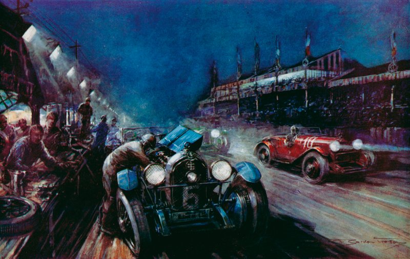 Einer der erfolgreichen Lorraine-Dietrich-Wagen tankt während der Nachtrunde im 24-Stunden-Rennen von Le Mans nach von Frederick Gordon (after) Crosby