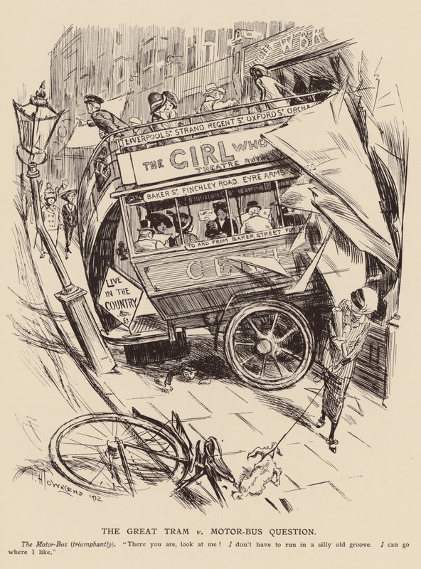 Die große Straßenbahn gegen Motorbus Frage von Frederick Henry Townsend