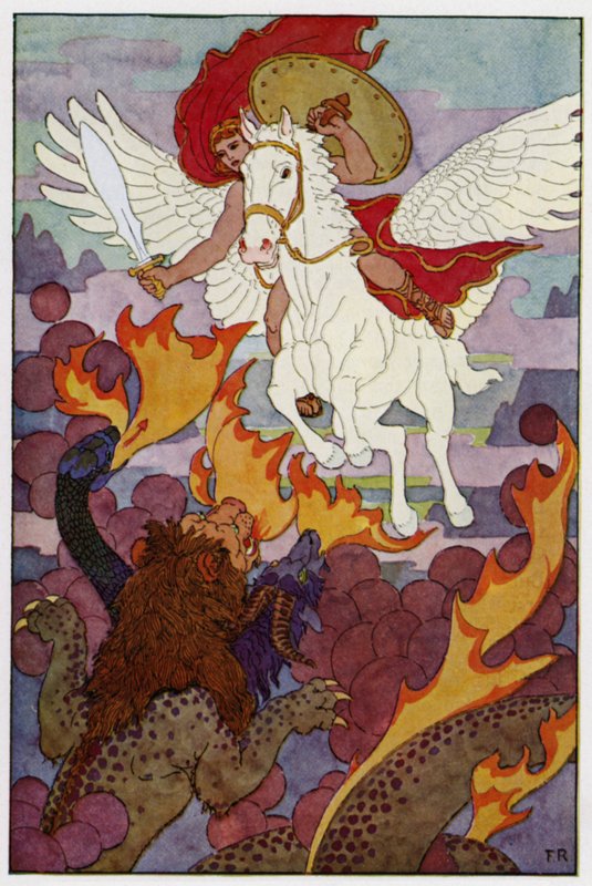 Pegasus startete direkt auf den dreiköpfigen Chimära zu von Frederick Richardson