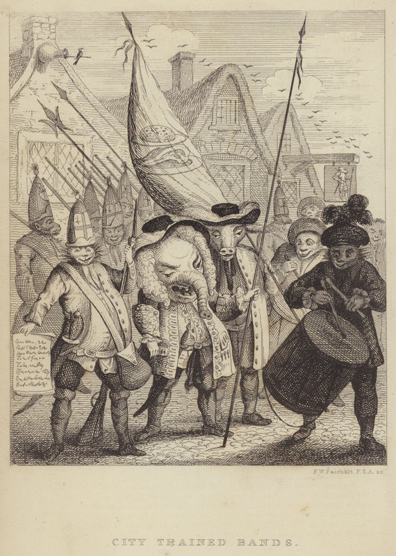 City Trained Bands: Satire über die Milizen der City of London und die Panik, die durch die Jakobiten-Rebellion von 1745 ausgelöst wurde (Stich) von Frederick William Fairholt