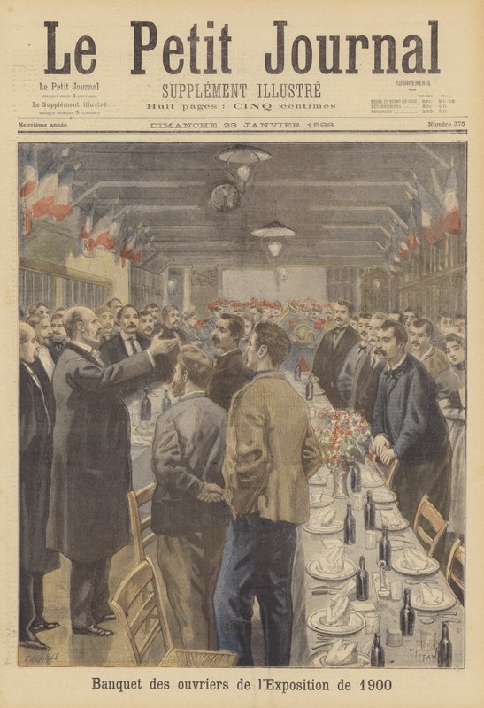 Bankett für Arbeiter, die den Standort der Weltausstellung 1900 in Paris vorbereiten von French School