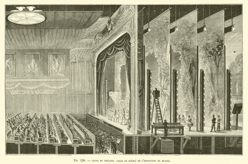 Querschnitt des Theaters (Saal und Bühne) der Münchner Ausstellung von French School