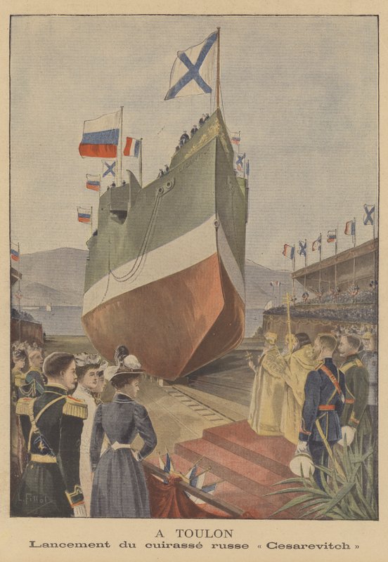 Stapellauf des russischen Schlachtschiffs Tsesarevich in Toulon von French School