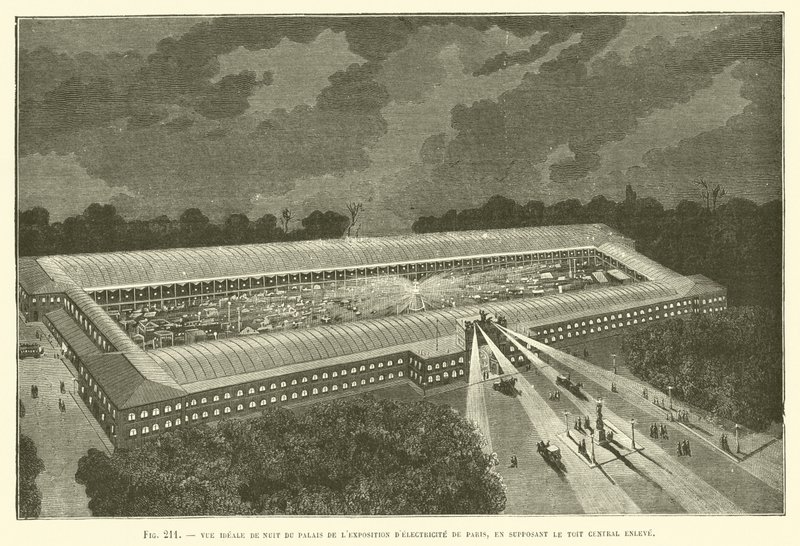 Ideale Nachtansicht des Palais der Elektrizitätsausstellung in Paris, mit entferntem zentralen Dach von French School