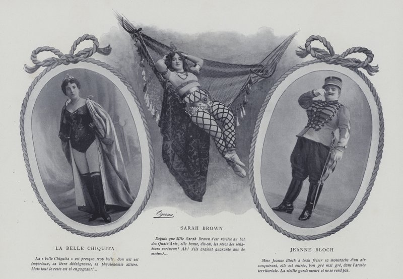 Französische Schauspielerinnen und Sängerinnen La Belle Chiquita, Sarah Brown und Jeanne Bloch von French Photographer