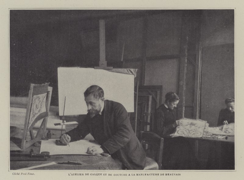 Zeichen- und Nähwerkstatt in der Beauvais-Teppichmanufaktur, Frankreich von French Photographer