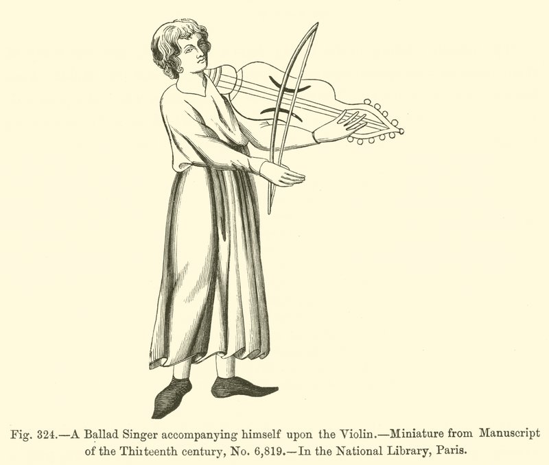 Ein Balladensänger begleitet sich selbst auf der Violine (Gravur) von French School