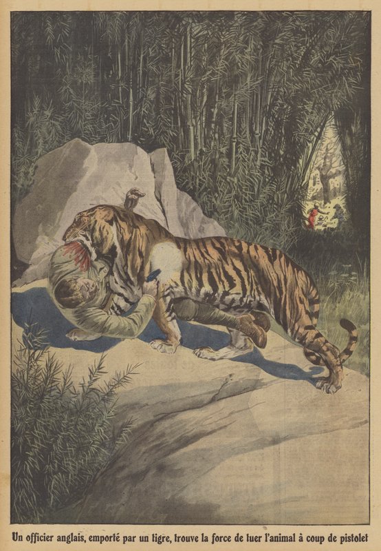 Ein britischer Offizier, von einem Tiger verschleppt, findet die Kraft, das Tier mit seiner Pistole zu töten von French School