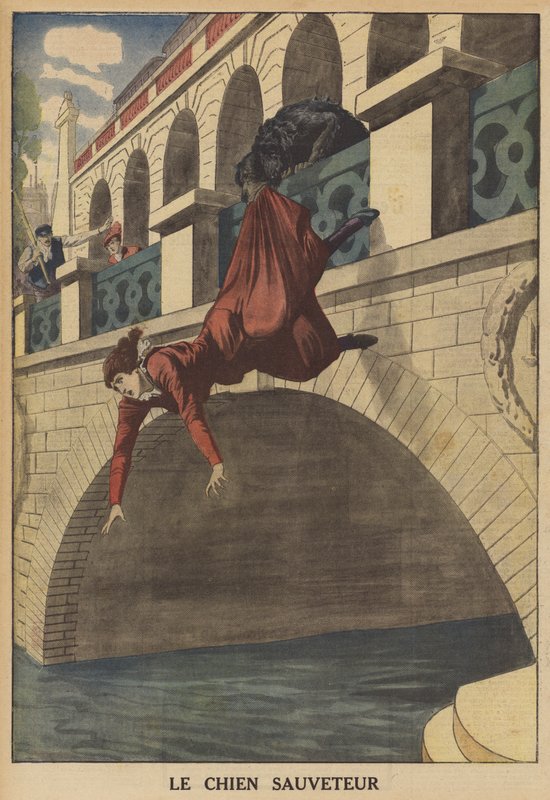 Ein Hund rettet eine Frau vor dem Sturz von einer Brücke (Farblithografie) von French School