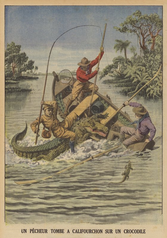 Ein Fischer fällt auf ein Krokodil, nachdem es sein Boot gekentert hat von French School