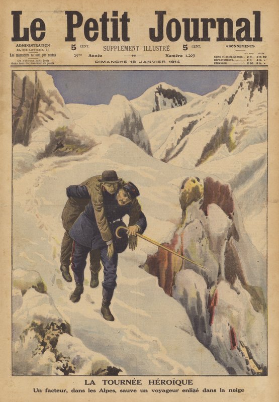 Ein Postbote rettet einen Reisenden, der sich im Schnee in den Alpen verirrt hat von French School