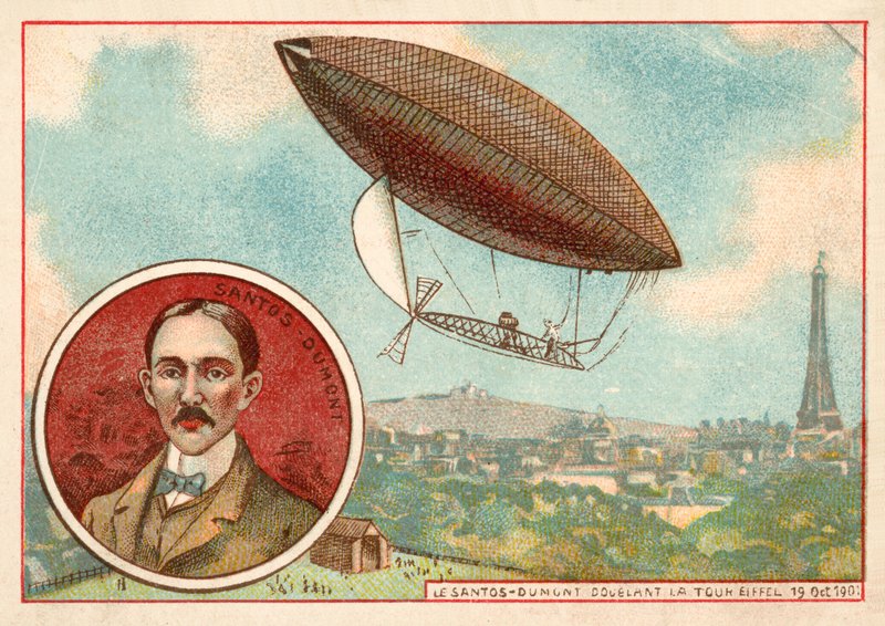 Alberto Santos-Dumonts Luftschiff fliegt um den Eiffelturm, Paris von French School